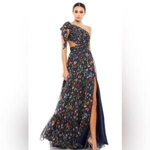 Ieena For Mac Duggal Tied One Shoulder Cut Out Floral Navy Flowy Gown Size 4